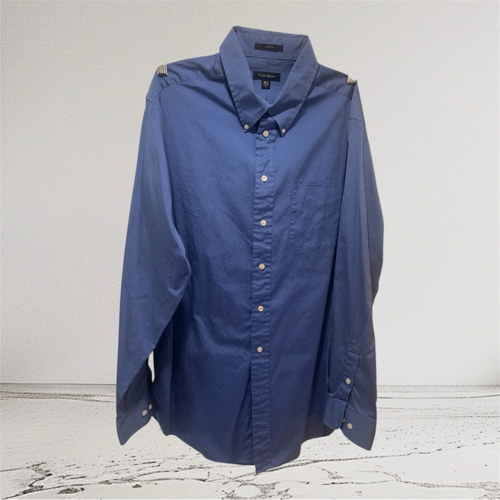 Club Room Blue Casual Button-Down Shirt Large Preppy Neck 16 1/2 34/35 Slim - Picture 2 of 5